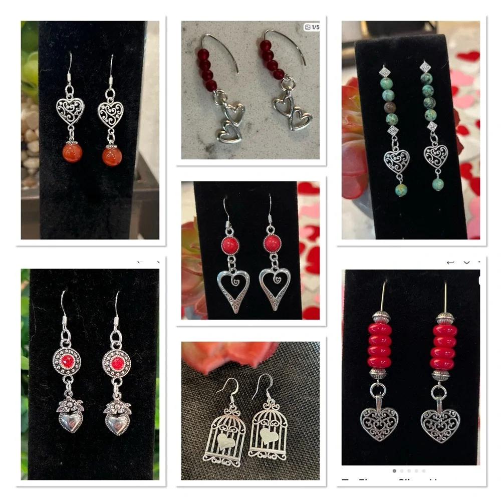 NWOT - Silver Double Heart Dangle Earrings with Burgandy Beads
